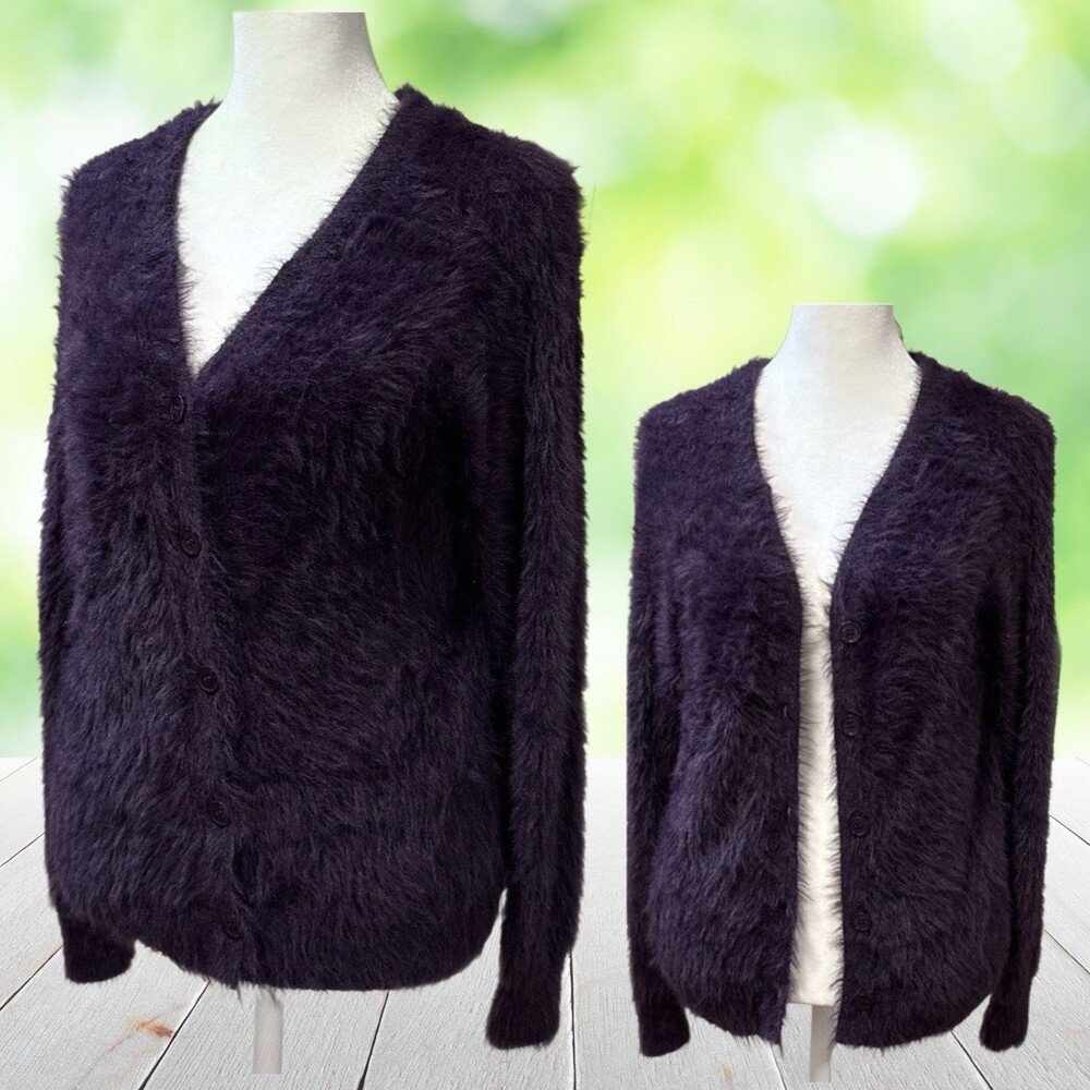 New VELVET Reversible Fuzzy Cardigan Sweater Faux Angora Eggplant Purple Size S